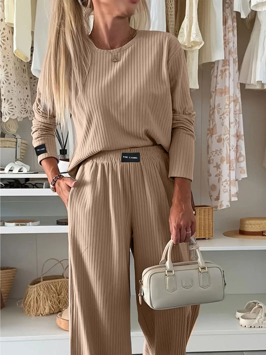 Long Sleeved Top and High Waisted Pants Two-Piece Set- XL